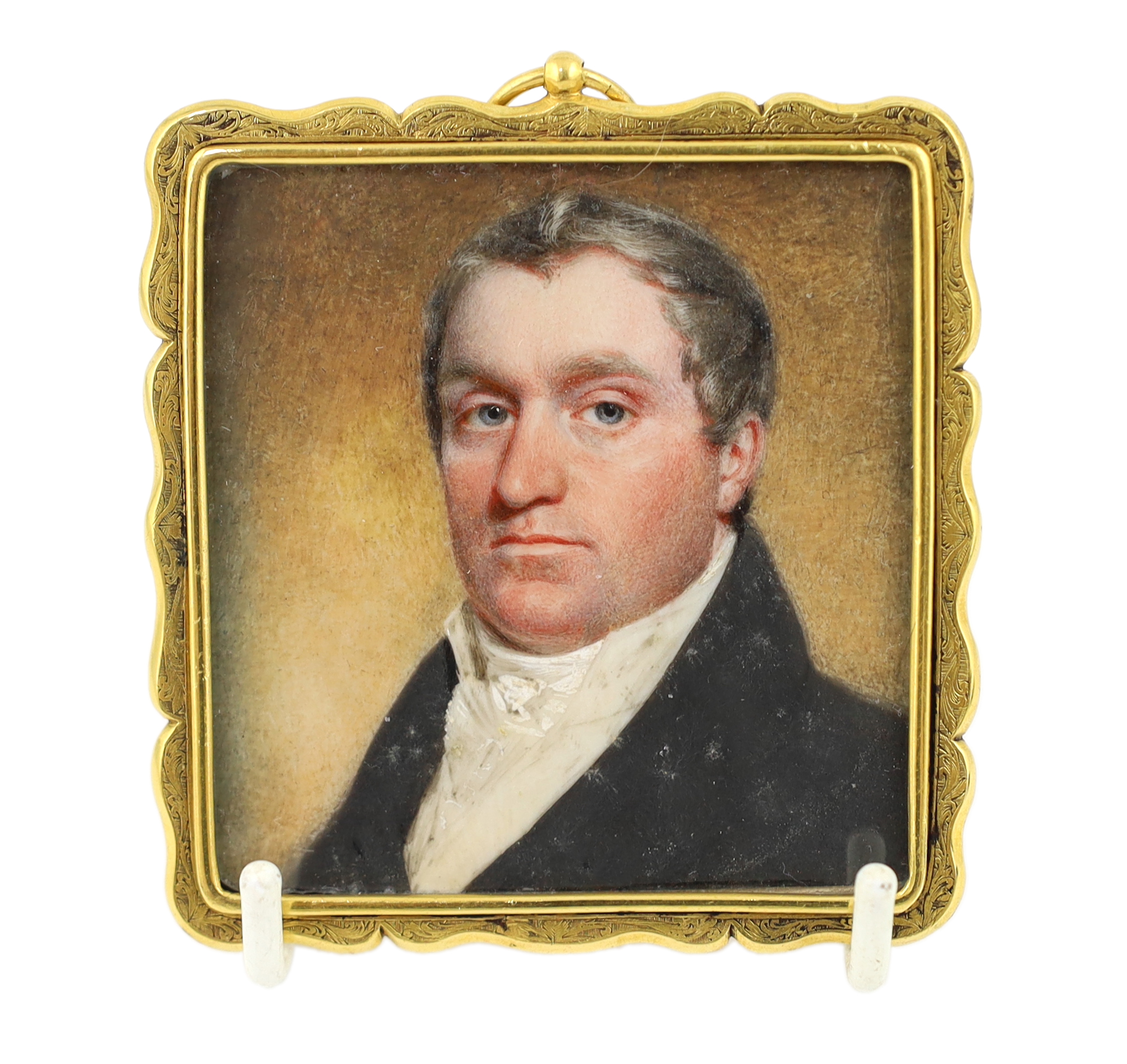19th Century English School, Portrait miniature of a gentleman, watercolour on ivory, 6.4 x 6cm. CITES Submission reference 4VJDY2AP